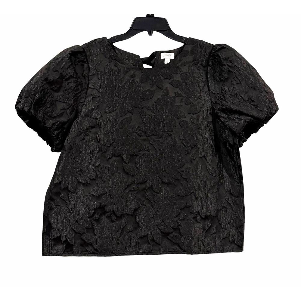 J.CREW Black Jacquard Floral Puff Sleeve Blouse Bow Tie Round Neck Size L Chic
